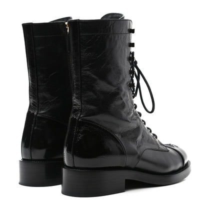 Chanel Crumpled Lambskin Shiny Calfskin Lace Up Combat Boots 40 Black 4 of 8