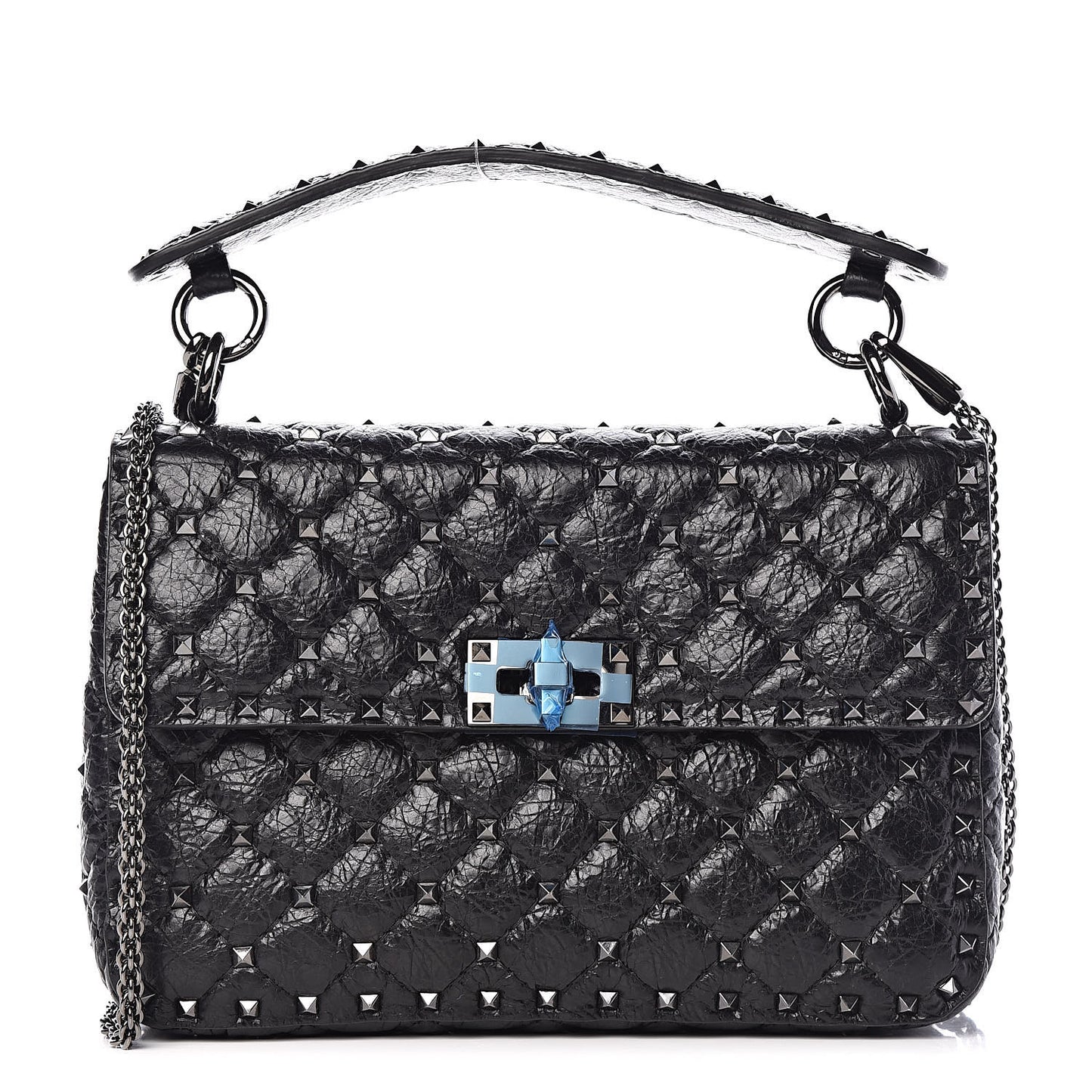 Craquele Nappa Medium Rockstud Spike Shoulder Bag Black