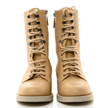 Chanel Calfskin Lace Up Combat Boots 40.5 Beige 2 of 8