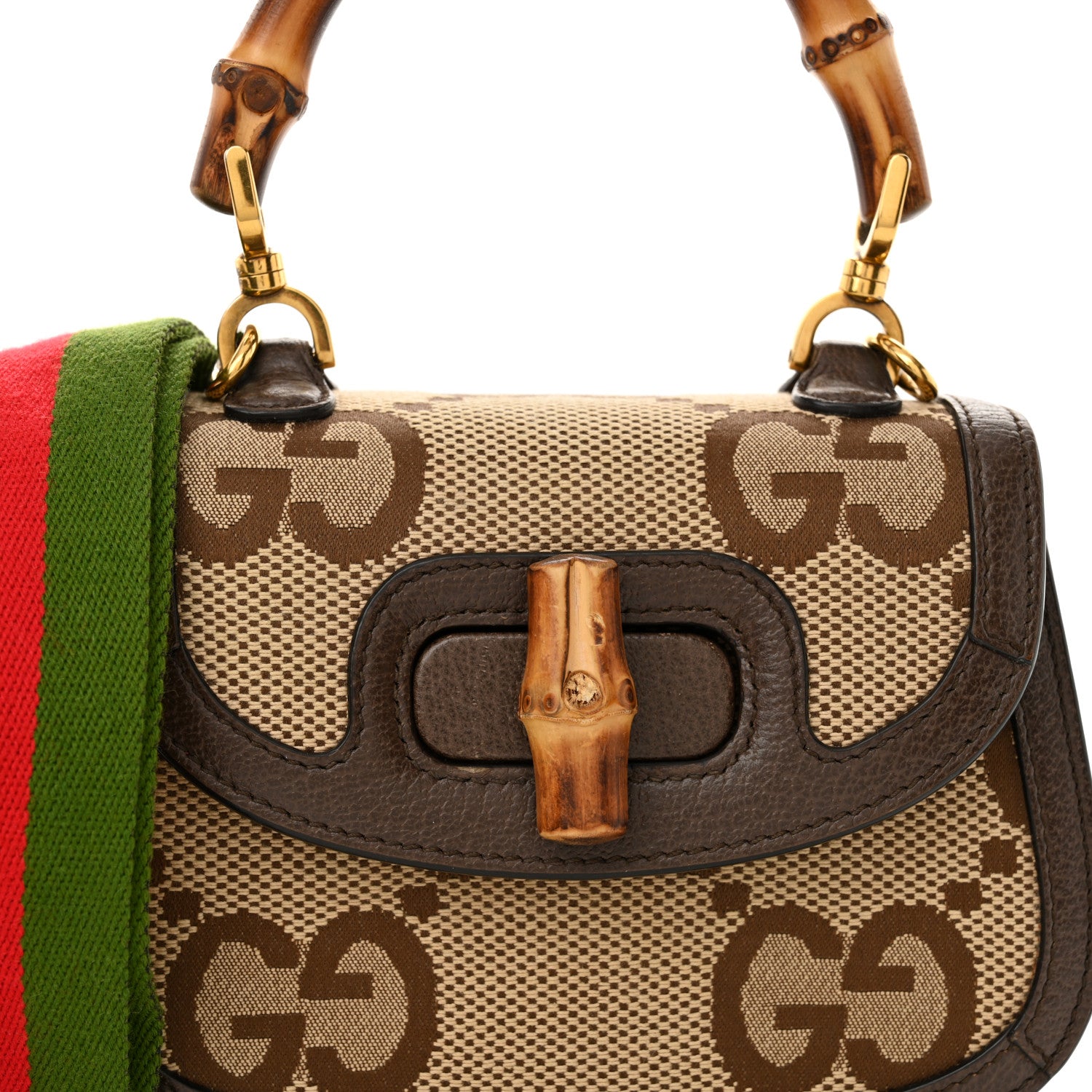 Gucci Monogram Jumbo GG Textured Dollar Calfskin Web Mini Bamboo 1947 Top Handle Bag Camel Ebony New Acero 8 of 12