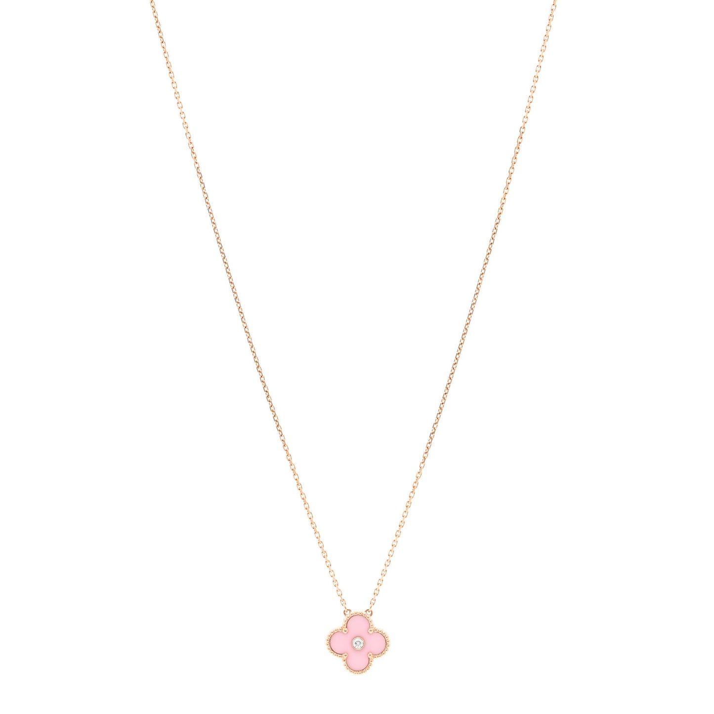 18K Rose Gold Diamond Pink Porcelain Vintage Alhambra Pendant Necklace