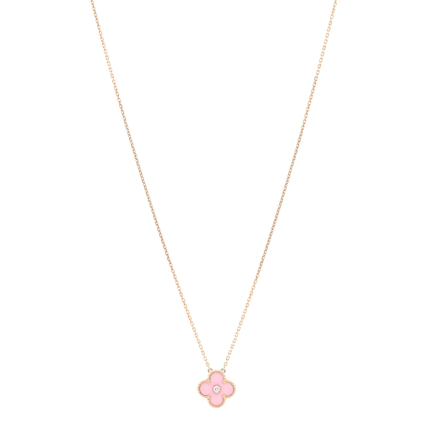 Van Cleef & Arpels 18K Rose Gold Diamond Pink Porcelain Vintage Alhambra Pendant Necklace 1 of 6