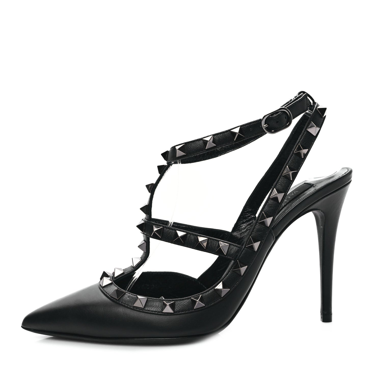 Calfskin Nappa Rockstud Ankle Strap 100mm Pumps 38.5 Black