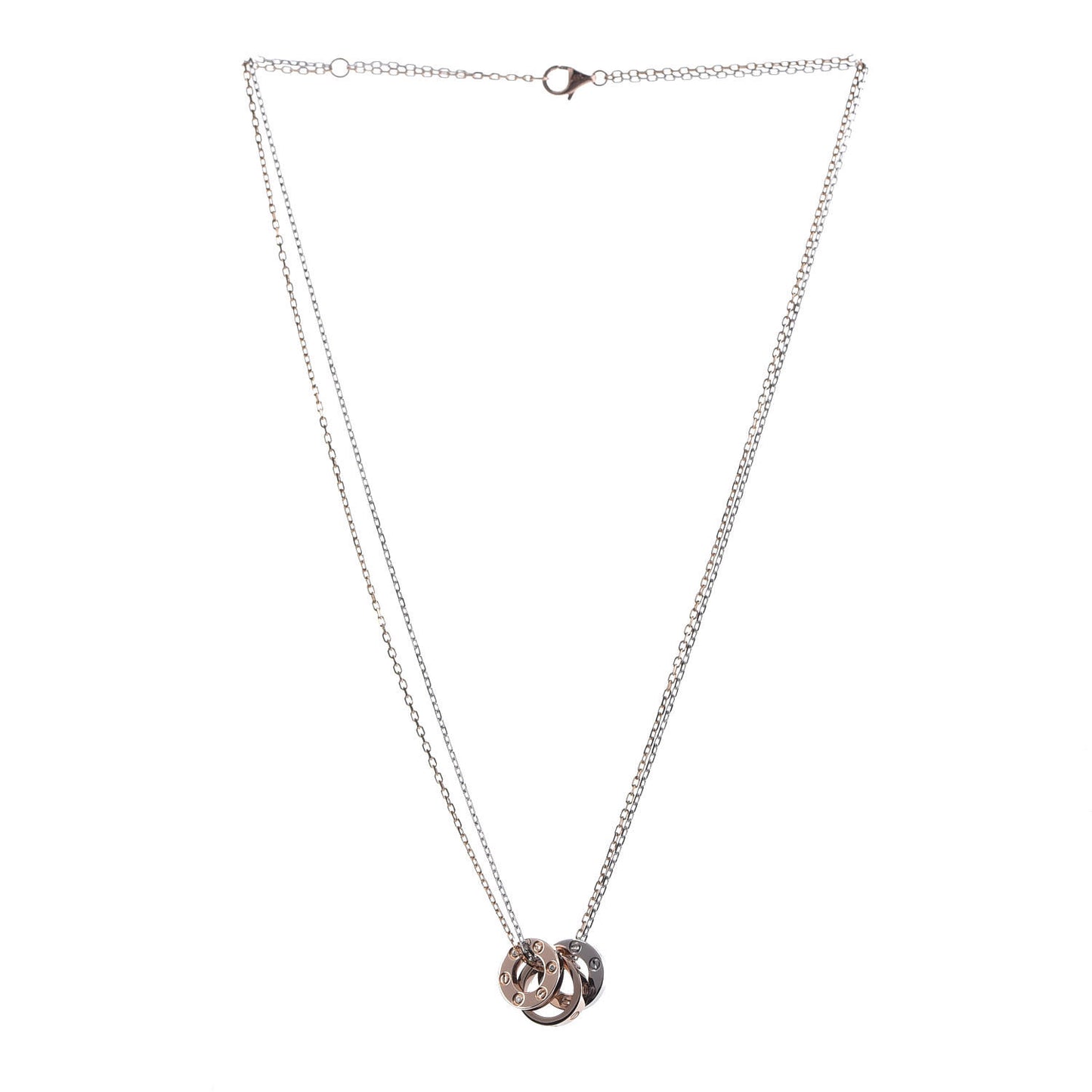 18K White Pink Gold Diamond Three Ring LOVE Pendant Necklace