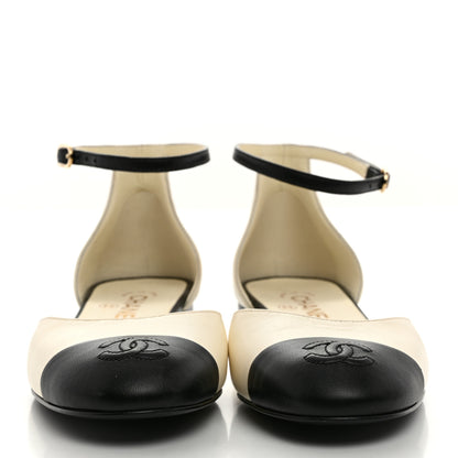 Chanel Lambskin Cap Toe CC Ankle Strap Flats 38.5 Ivory Black 2 of 8