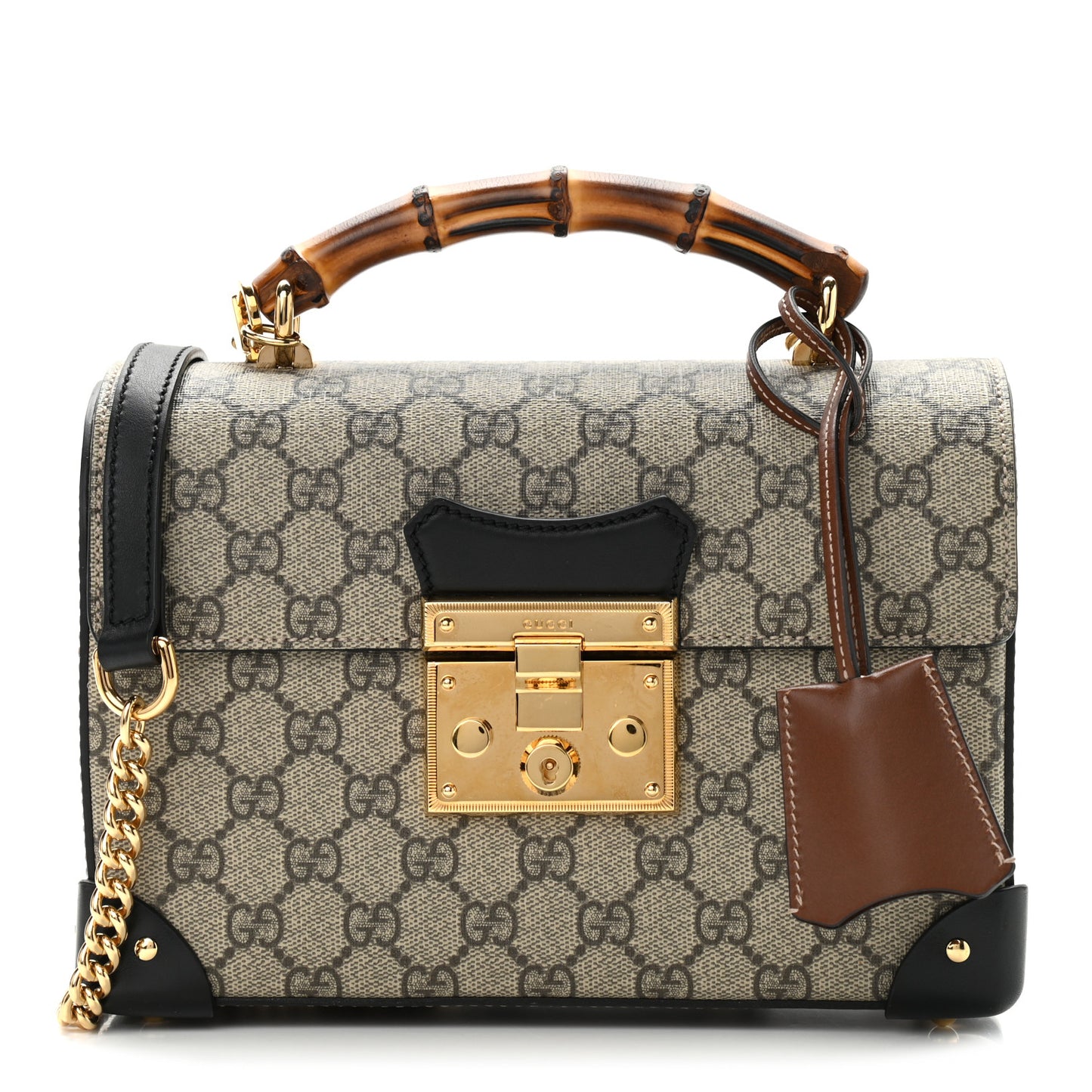GG Supreme Monogram Small Padlock Bamboo Shoulder Bag Beige Black Cuir