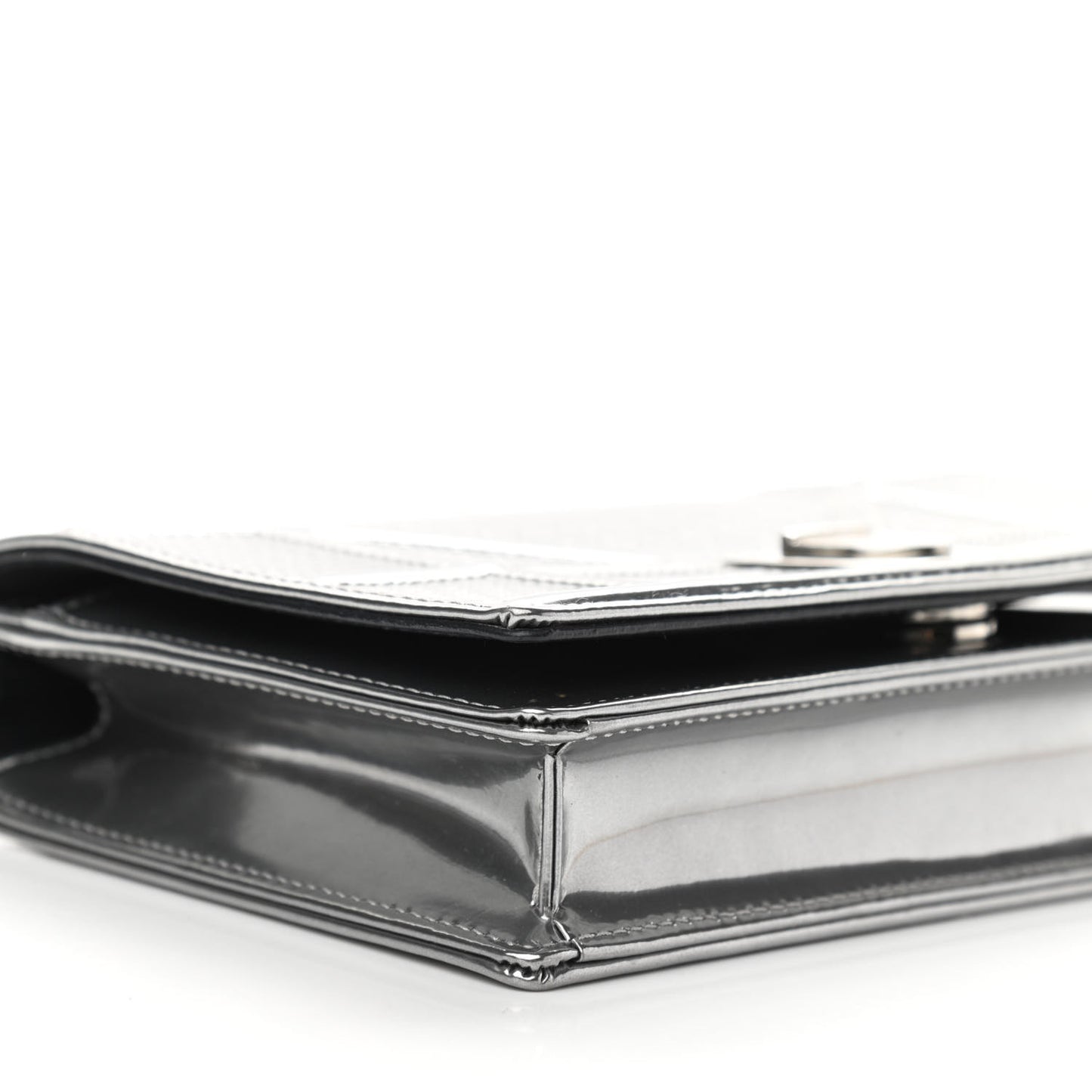 Metallic Patent Micro-Cannage Diorama Wallet on Chain Pouch Silver