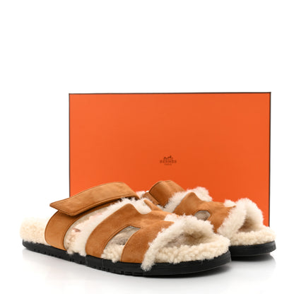 Hermes Suede Goatskin Woolskin Womens Chypre Sandals 40 Golden Beige 11 of 11