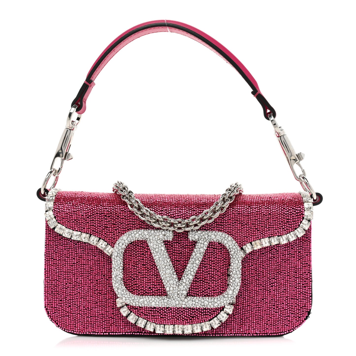 Swarovski Crystal Embroidered Vlogo Small Loco Shoulder Bag Crystal Magenta Silver