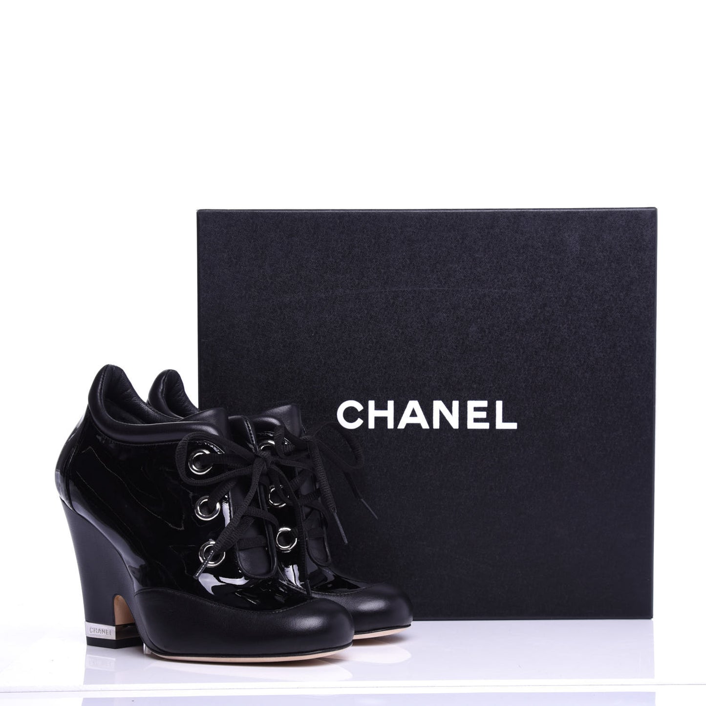Patent Calfskin Lambskin Lace Up Wedge Short Boots 36.5 Black