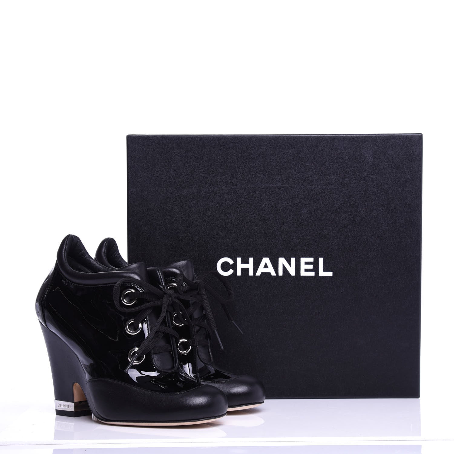 Chanel Patent Calfskin Lambskin Lace Up Wedge Short Boots 36.5 Black 10 of 10