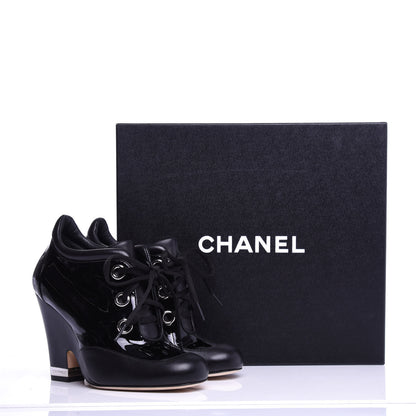 Chanel Patent Calfskin Lambskin Lace Up Wedge Short Boots 36.5 Black 10 of 10