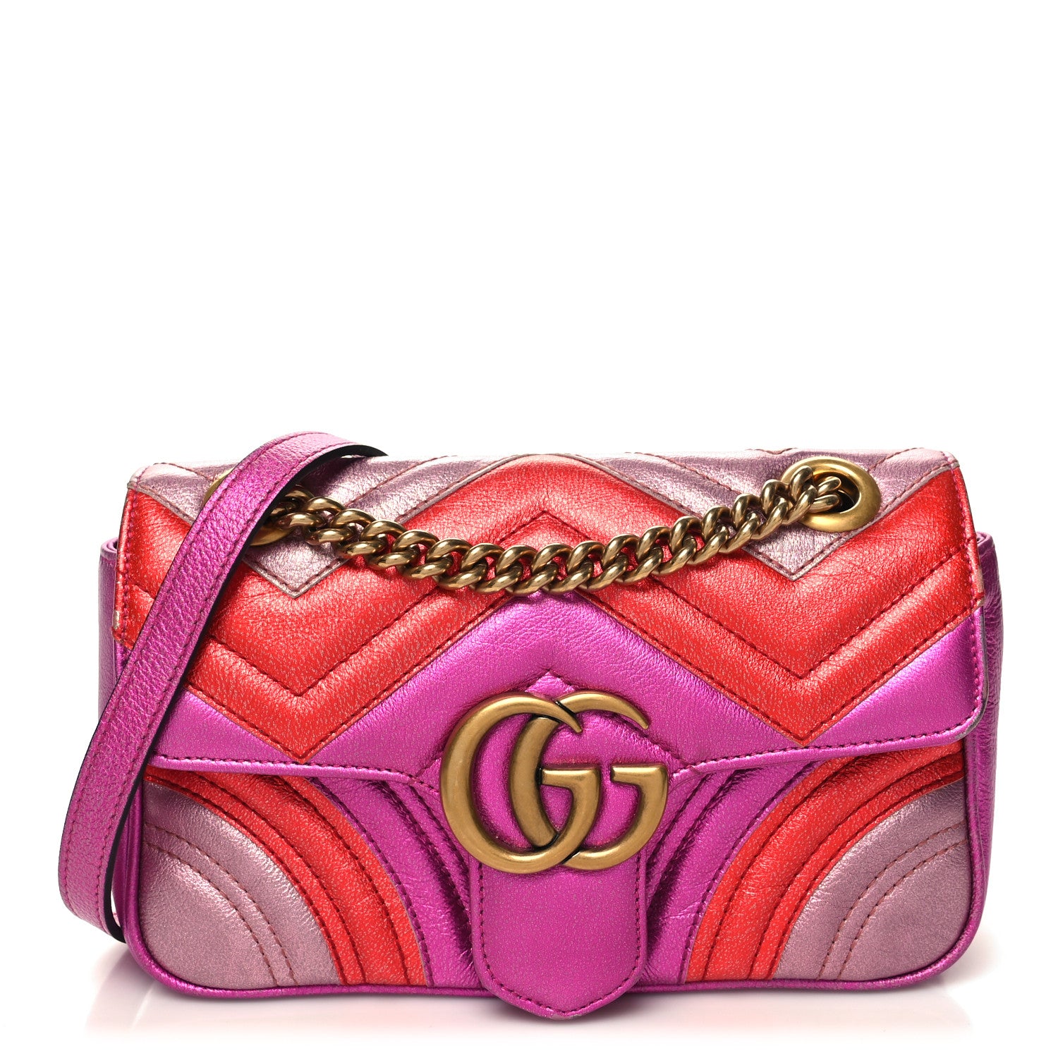 Gucci Metallic Calfskin Matelasse Mini GG Marmont Shoulder Bag Fuchsia 1 of 13