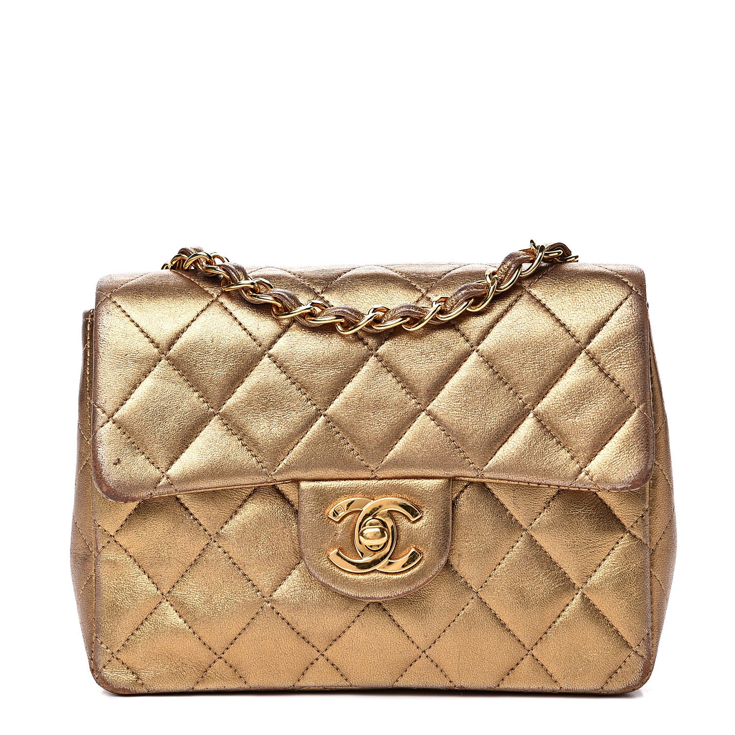 Metallic Lambskin Quilted Mini Square Flap Gold