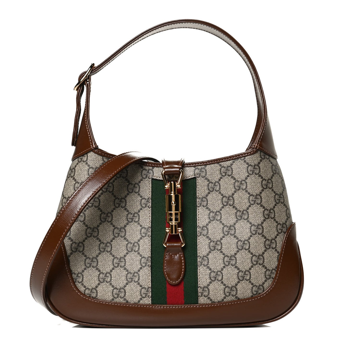 GG Supreme Monogram Azalea Calfskin Web Small Jackie 1961 Hobo Beige Ebony Brown Sugar
