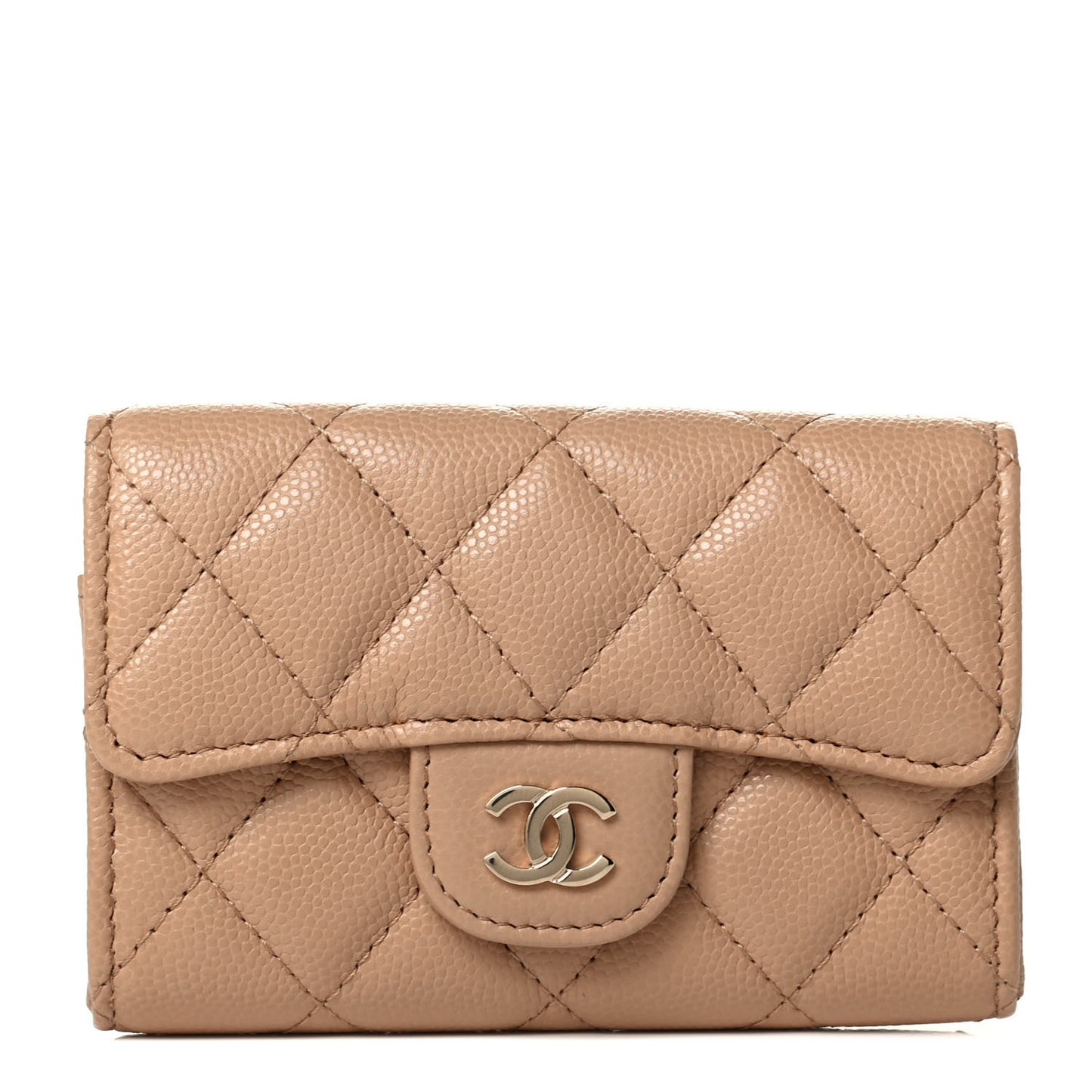 Caviar Quilted Flap Card Holder Wallet Beige