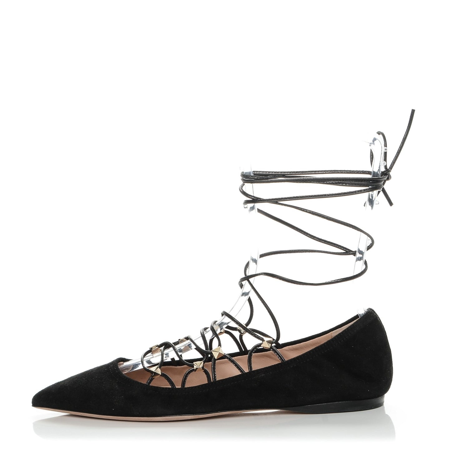 Suede Rockstud Gladiator Lace Up Ballerina Flats 35.5 Black