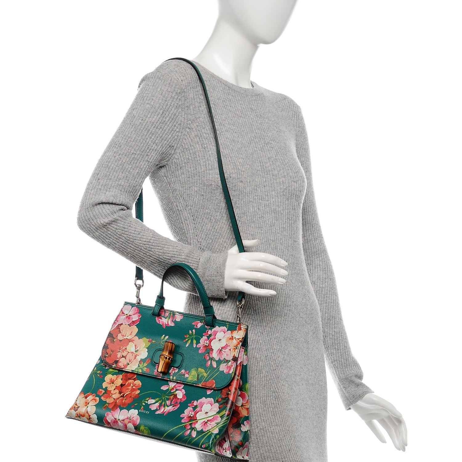 Gucci Shangai Calfskin Blooms Print Medium Bamboo Daily Top Handle Bag Clear Bright Emerald Multicolor 2 of 7