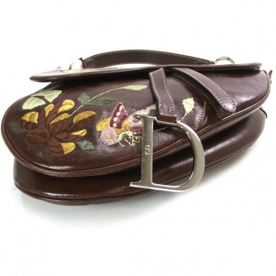 Calfskin Floral Embroidered Saddle Bag Brown