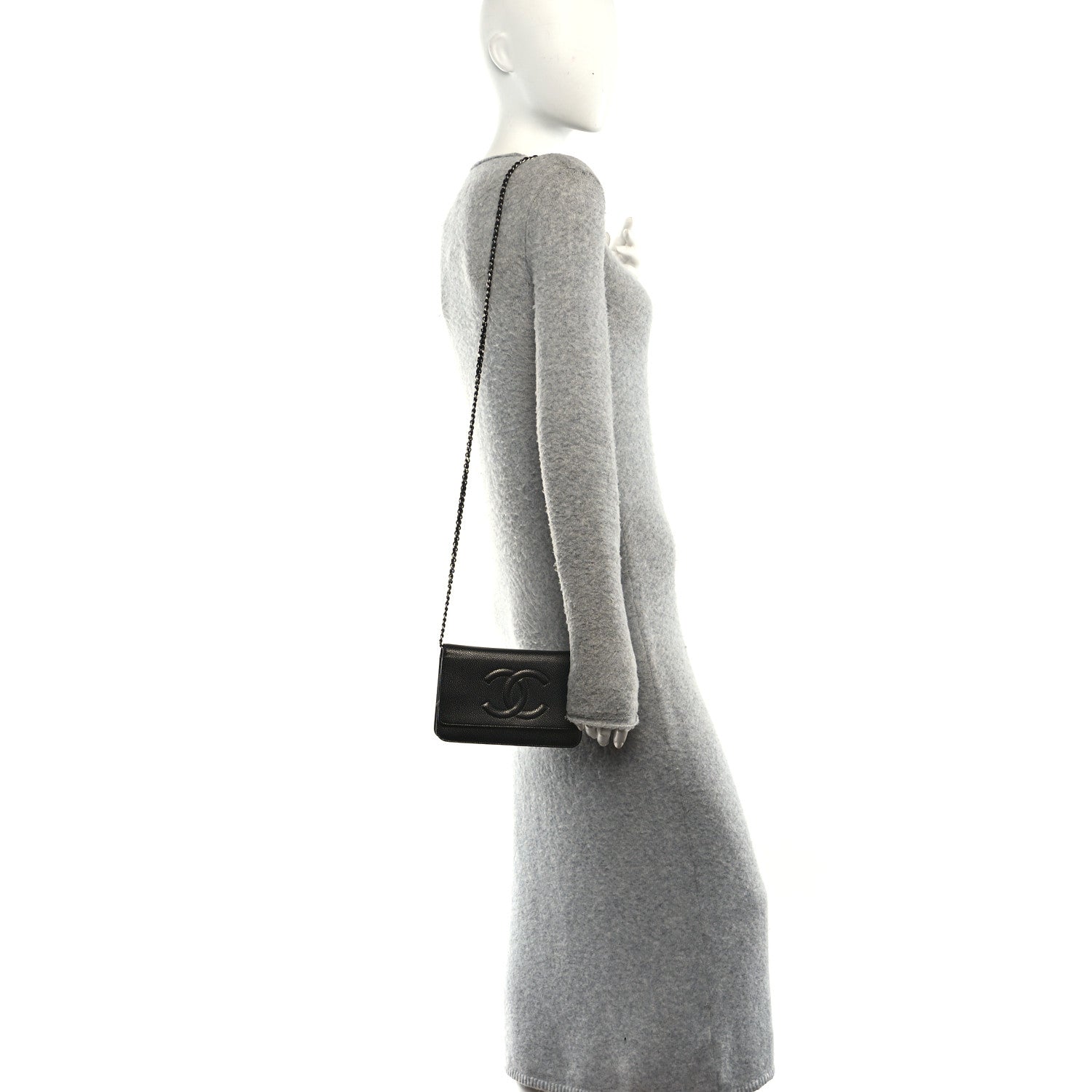 Chanel Metallic Caviar Timeless CC Wallet On Chain WOC Grey 2 of 12