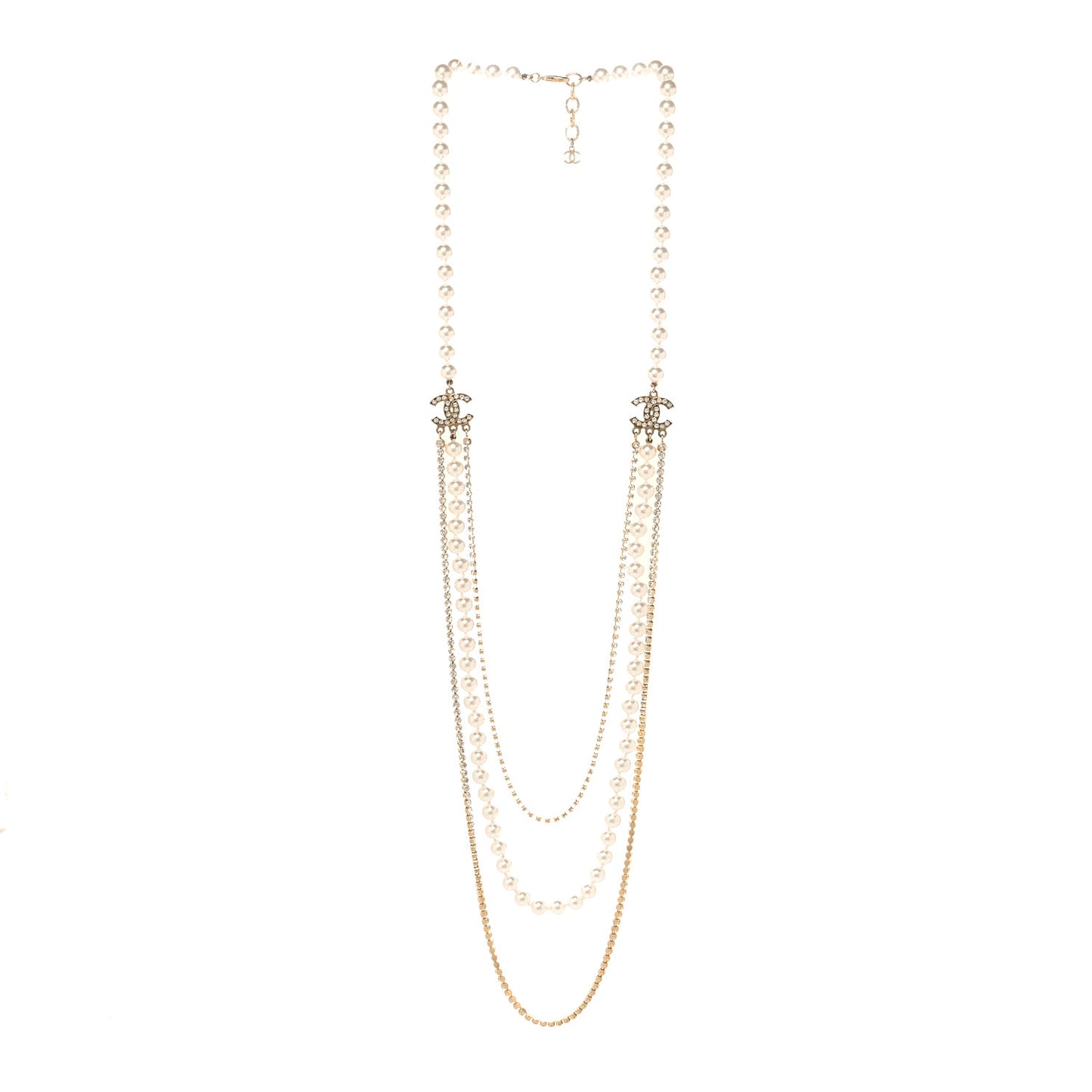 Pearl Crystal Multi Strand CC Long Necklace Gold