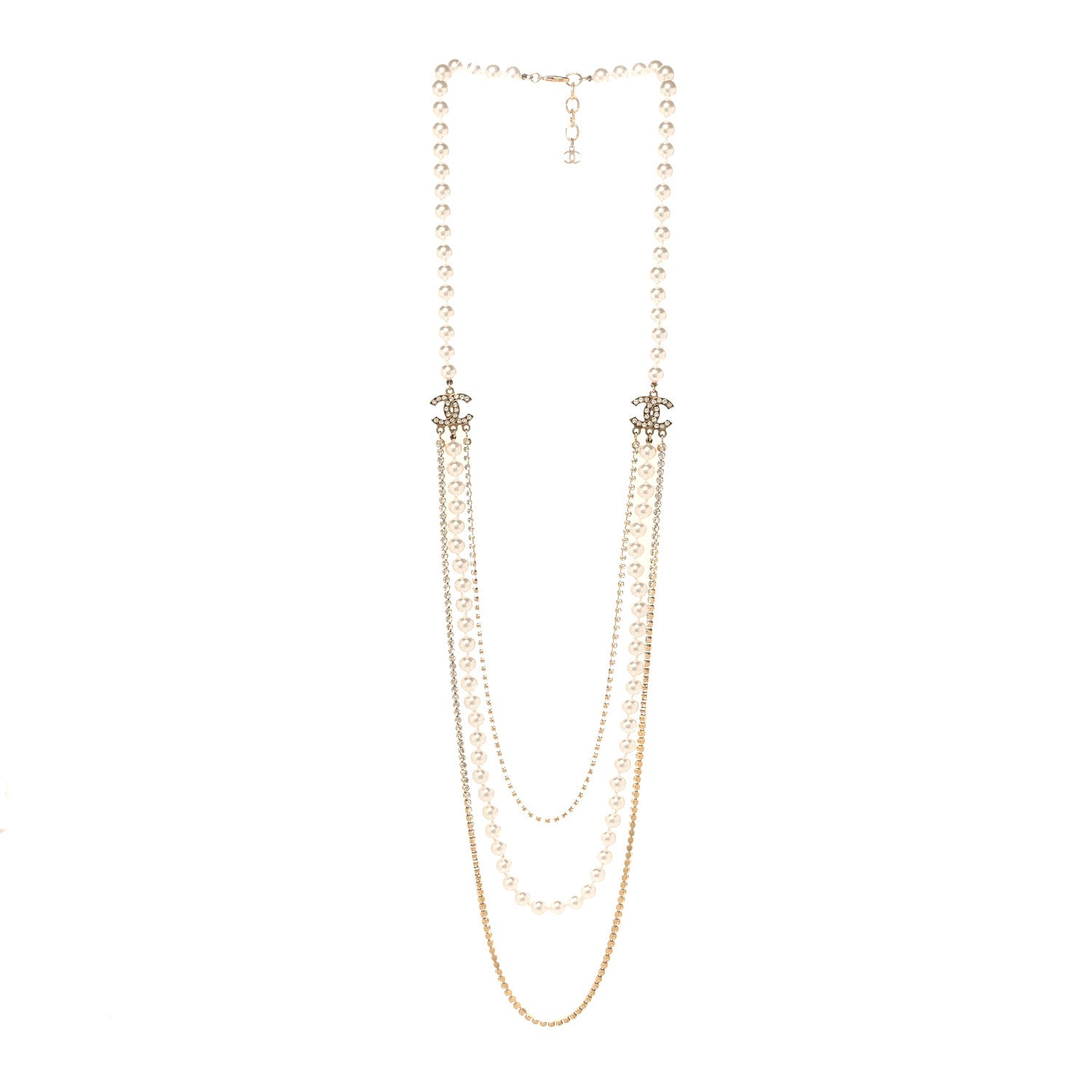 Chanel Pearl Crystal Multi Strand CC Long Necklace Gold 3 of 4