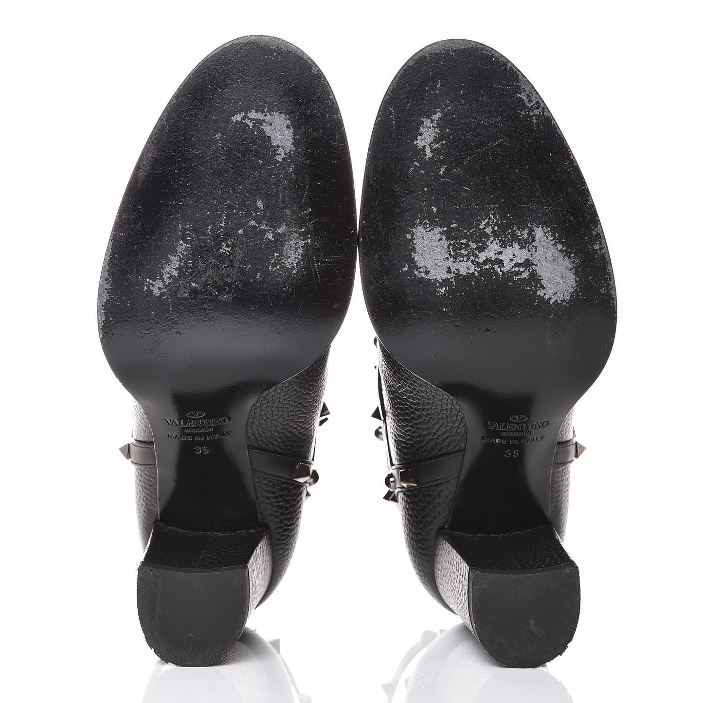 Pebbled Calfskin Onyx Rockstud Rolling Double Buckle 70mm Block Heel Ankle Boots 39 Black
