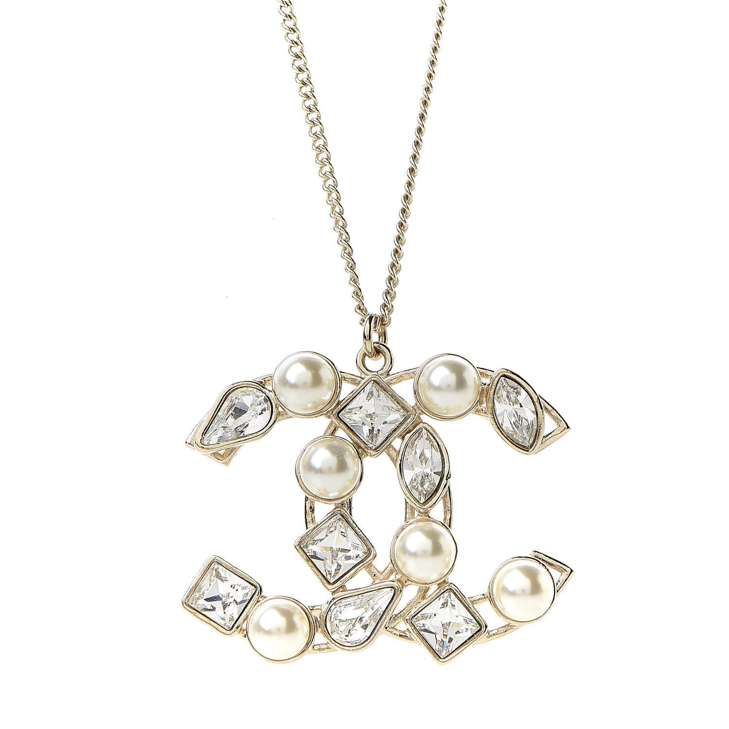 Pearl Crystal Baguette CC Pendant Necklace Gold