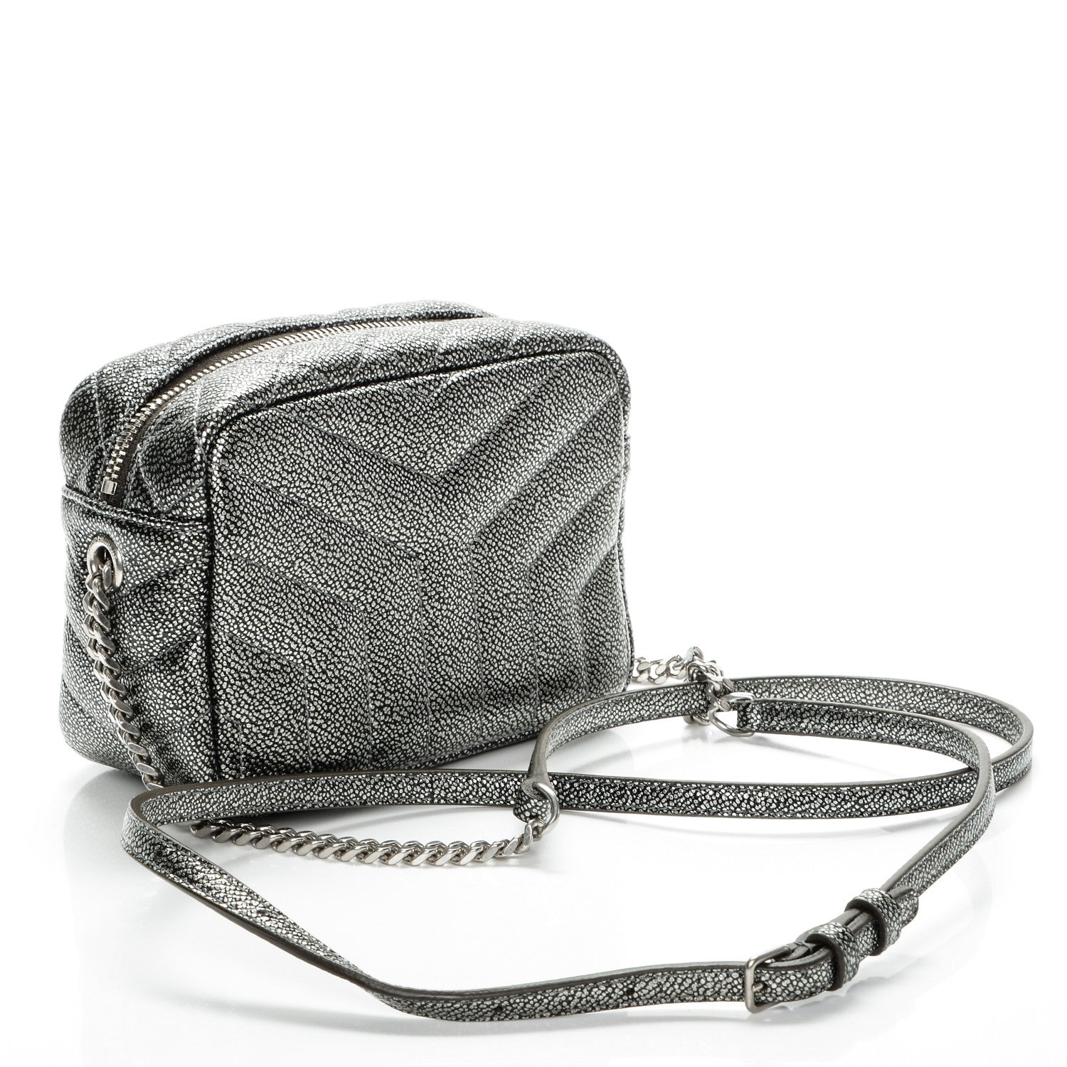 Saint Laurent Metallic Grain De Poudre Y Quilted Monogram Mini Loulou Camera Bag Gun Metal 3 of 6