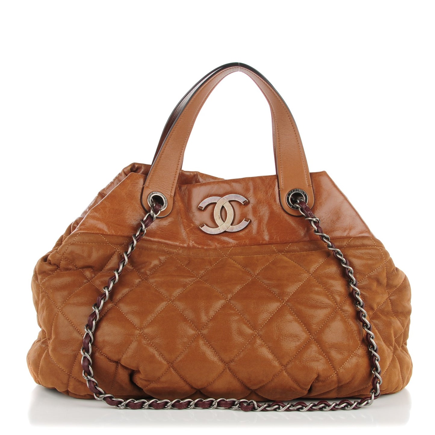 Iridescent Calfskin Quilted Large In The Mix Tote Light Brown