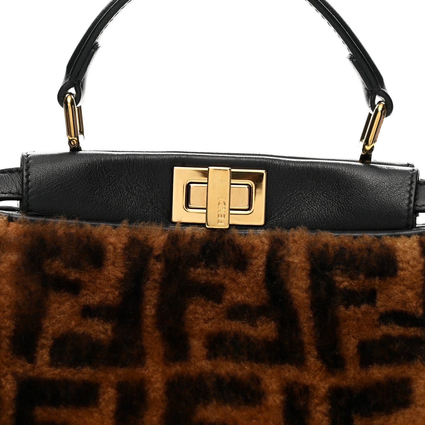 Shearling Nappa Macro FF 1974 Mini Peekaboo Iconic Satchel Tobacco Black