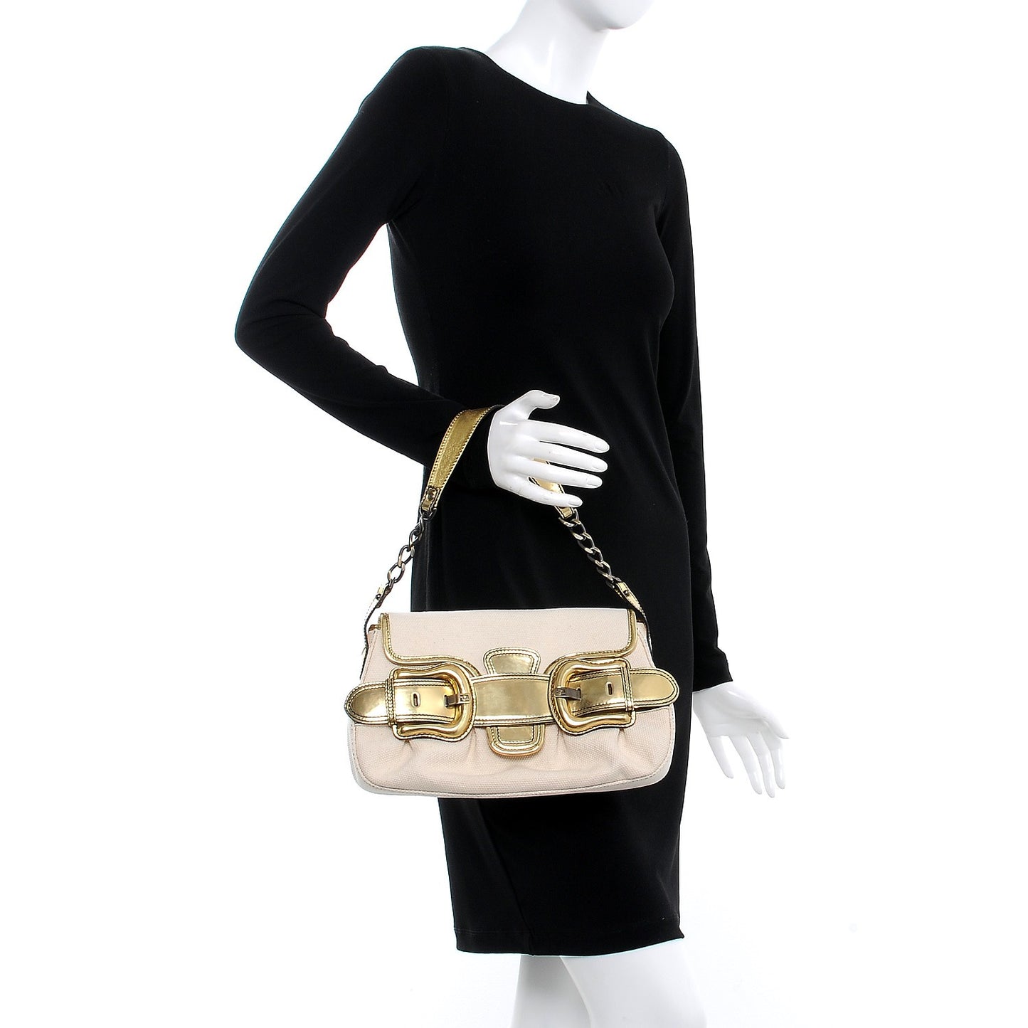 Metallic Leather Canvas B Bis Flap Bag Ivory