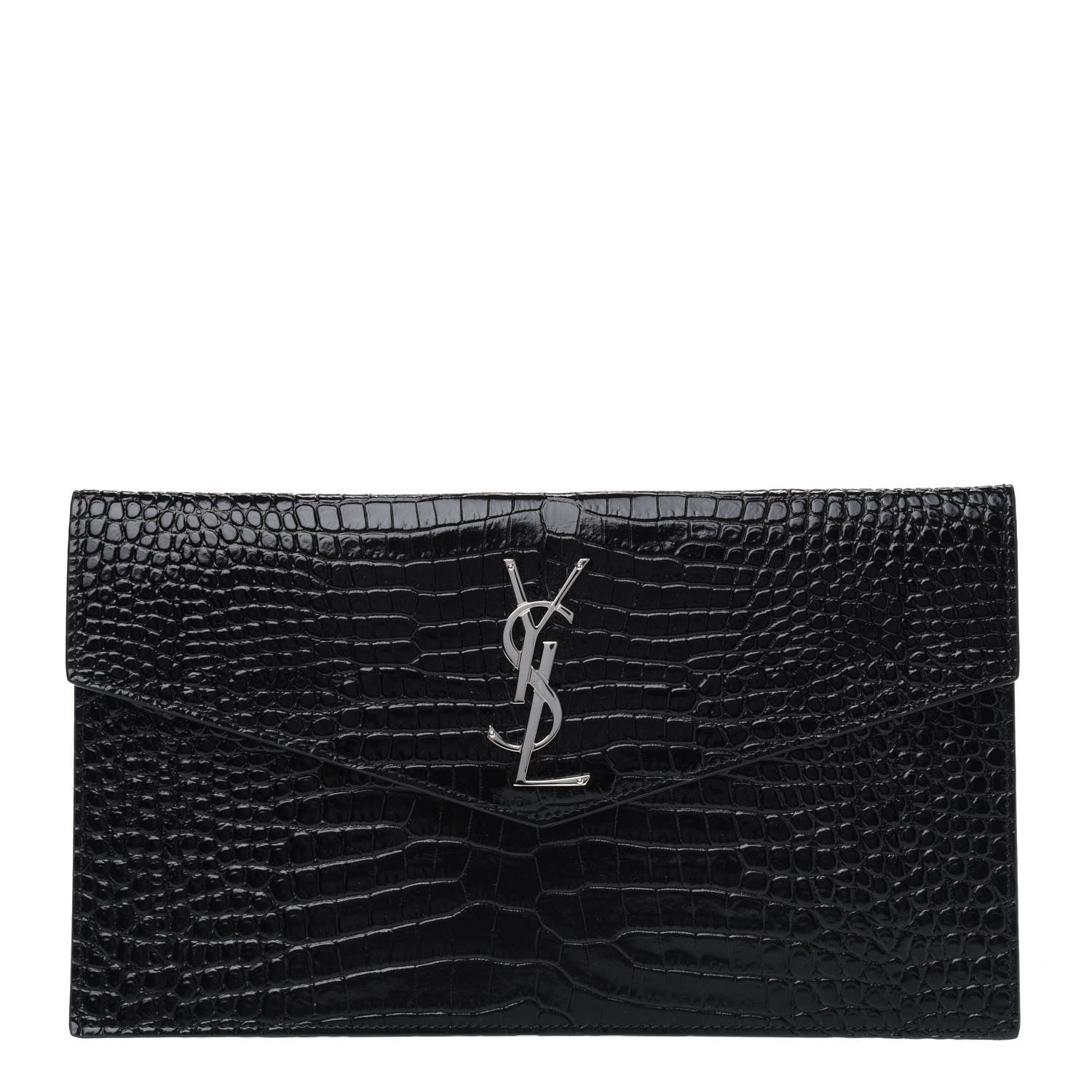 Saint Laurent Calfskin Crocodile Embossed Uptown Monogram Clutch Black 1 of 5