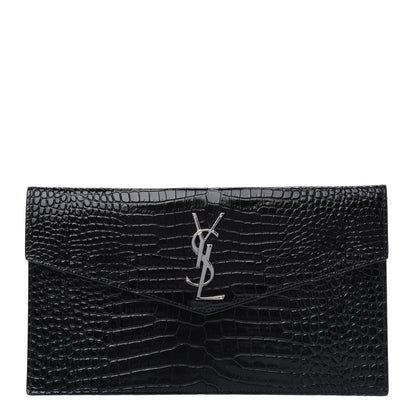 Saint Laurent Calfskin Crocodile Embossed Uptown Monogram Clutch Black 1 of 5
