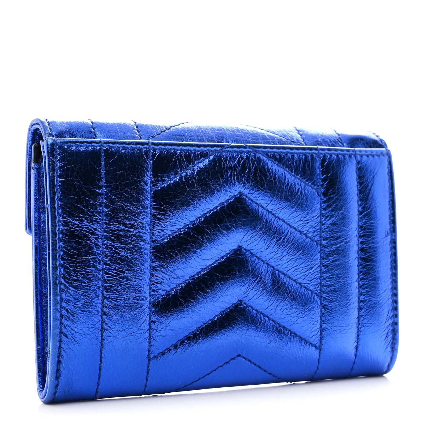 Metallic Goatskin Mixed Matelasse Chevron Small Monogram Envelope Wallet Blue