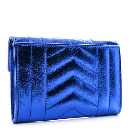 Saint Laurent Metallic Goatskin Mixed Matelasse Chevron Small Monogram Envelope Wallet Blue 3 of 8