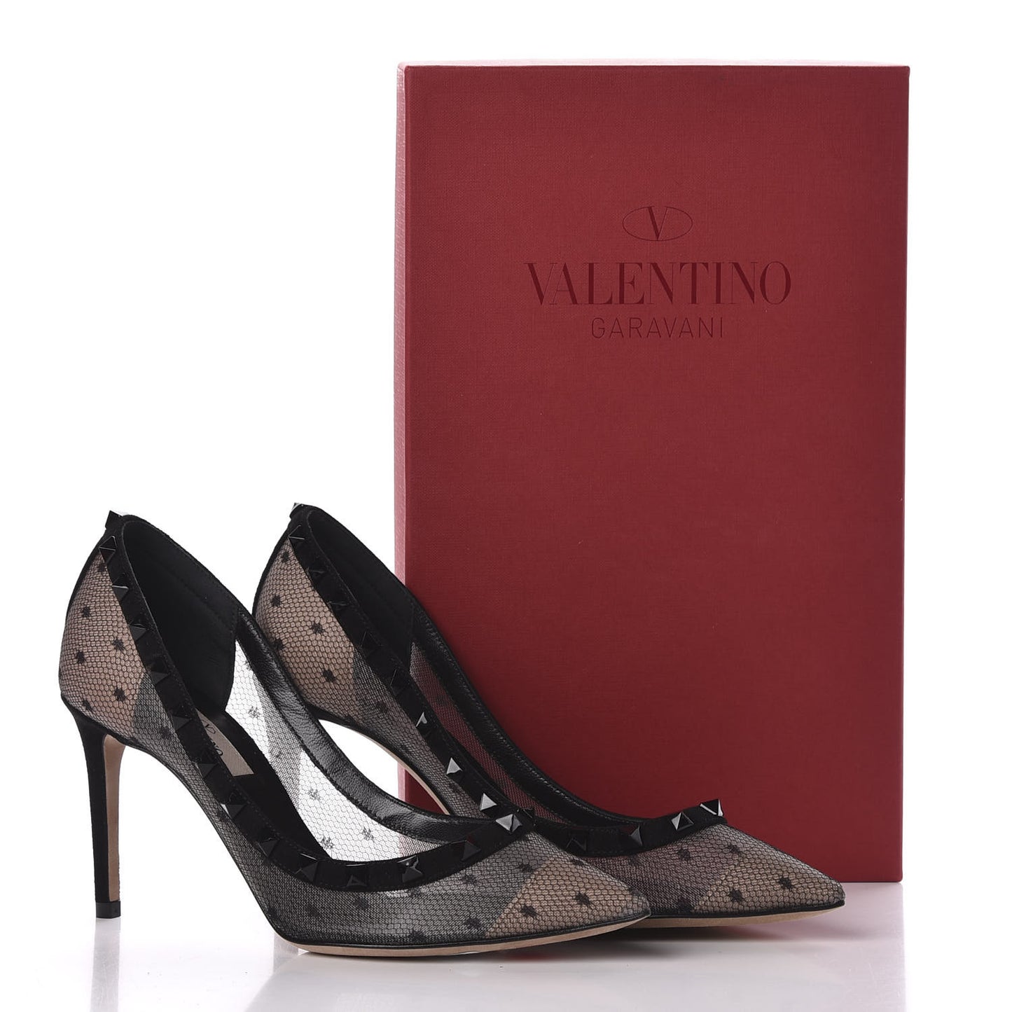 Mesh Point d'Esprit Calfskin Rockstud 85mm Pumps 36 Black