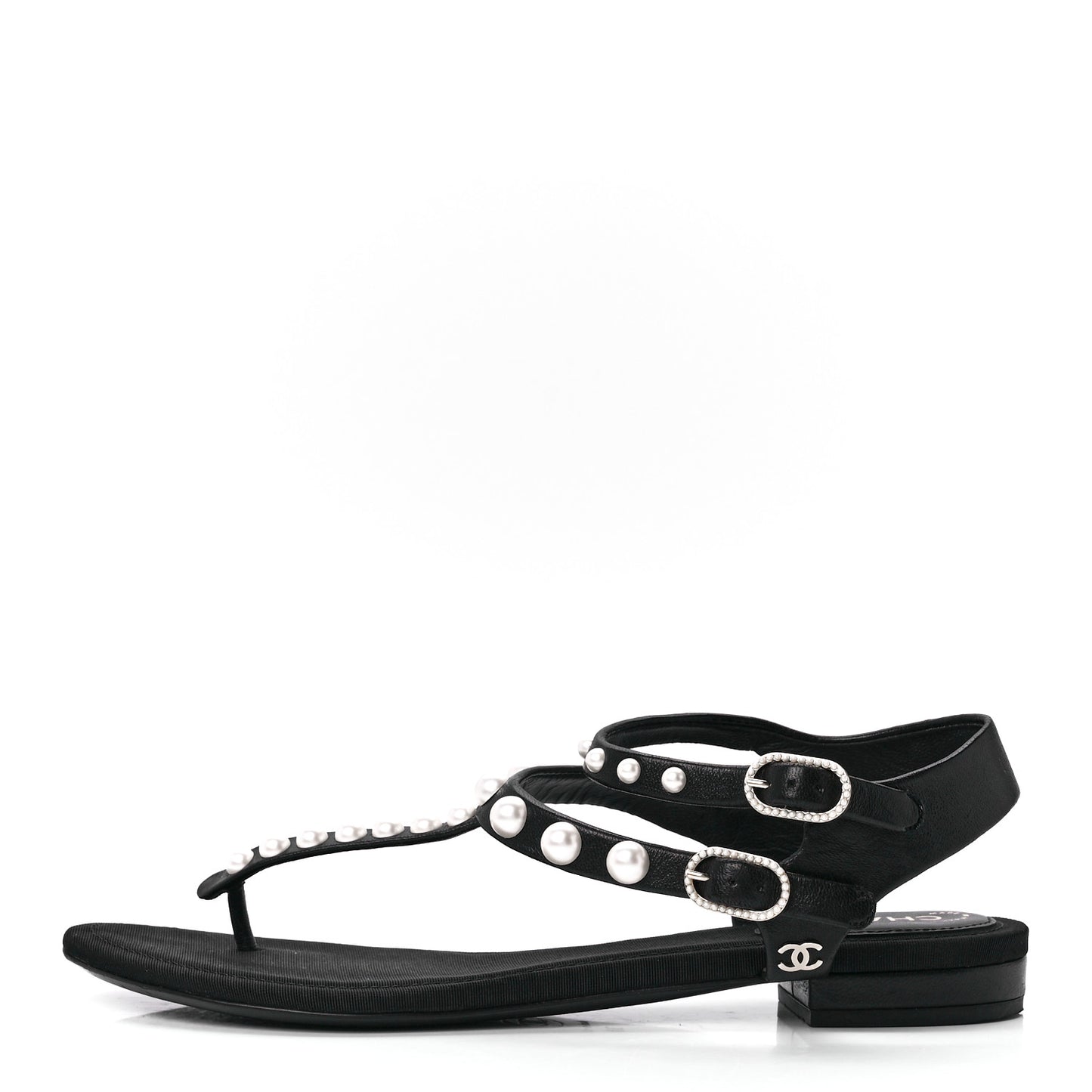 Calfskin Grosgrain Pearl Thong Sandals 36 Black