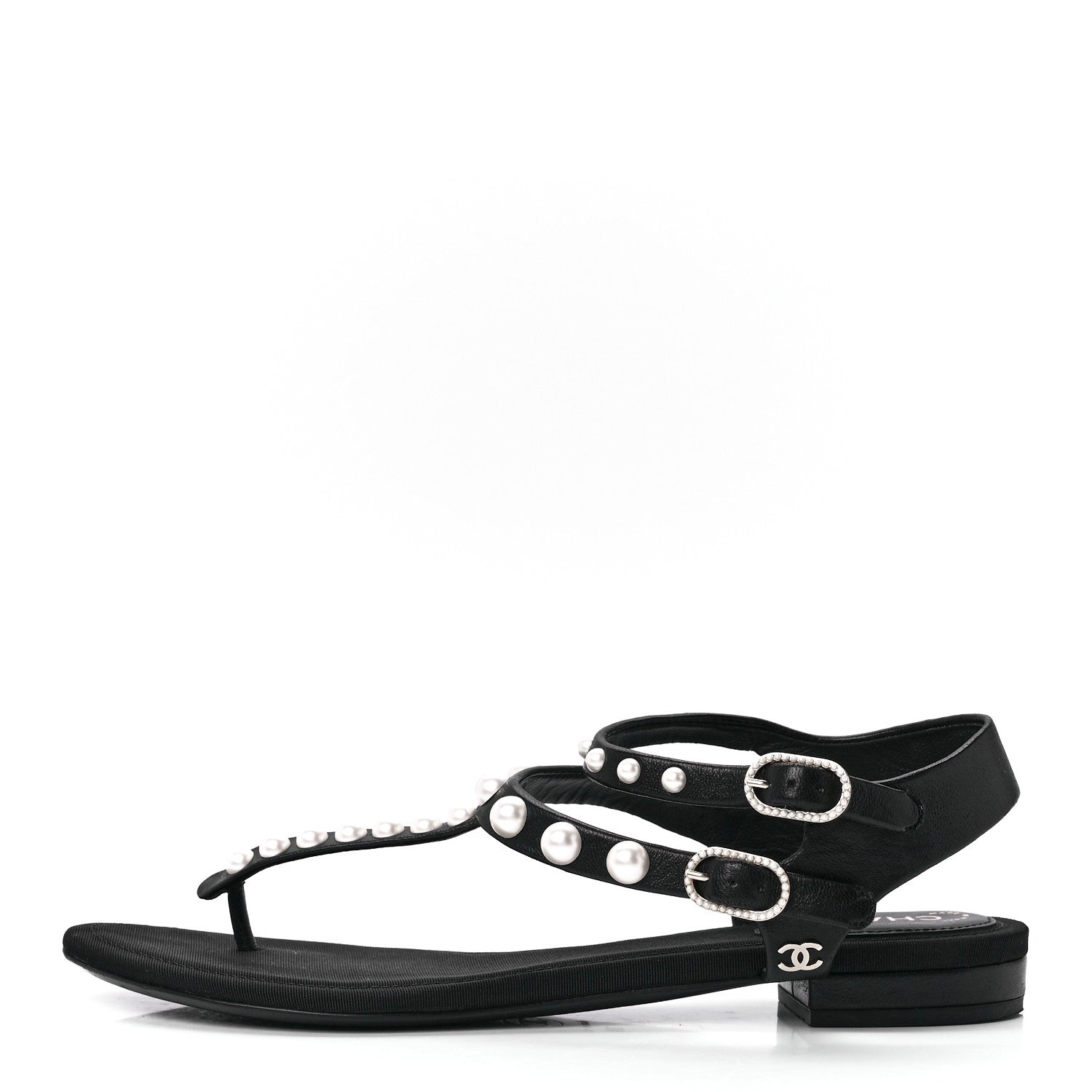 Chanel Calfskin Grosgrain Pearl Thong Sandals 36 Black 1 of 7