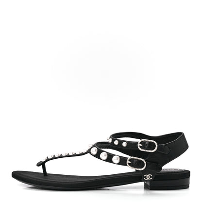 Chanel Calfskin Grosgrain Pearl Thong Sandals 36 Black 1 of 7