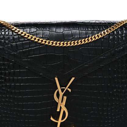 Saint Laurent Calfskin Crocodile Embossed Monogram Cassandra Clasp Bag Black 8 of 11