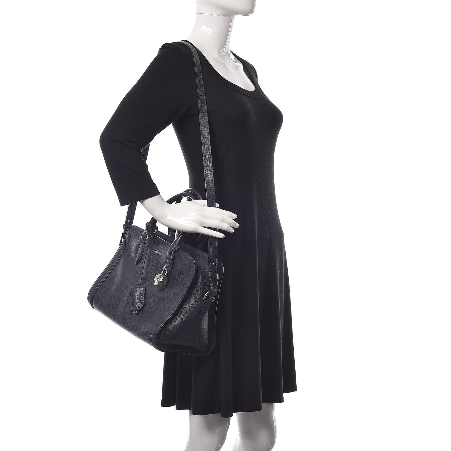 Pebbled Calfskin Small Skull Padlock Zip Around Tote Navy