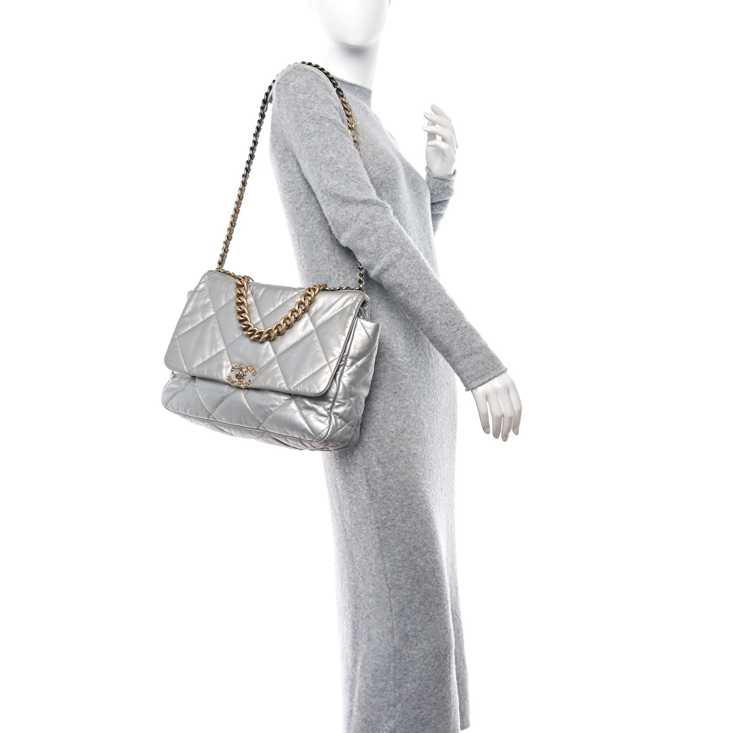 Chanel Metallic Goatskin Quilted Maxi 19 Flap Silver 2 of 10