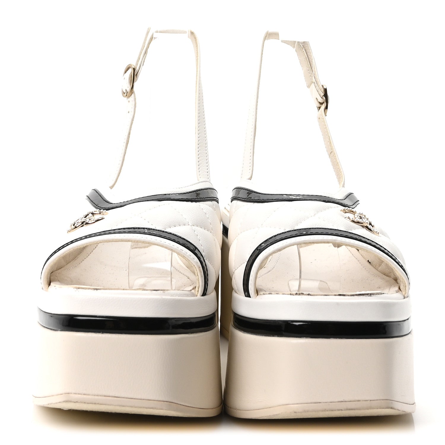 Chanel Lambskin Patent Quilted CC Platform Sandals 37.5 White Black 3 of 9