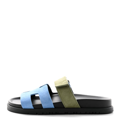 Hermes Suede Goatskin Womens Chypre Sandals 36 Bleu Cameo Vert 1 of 11