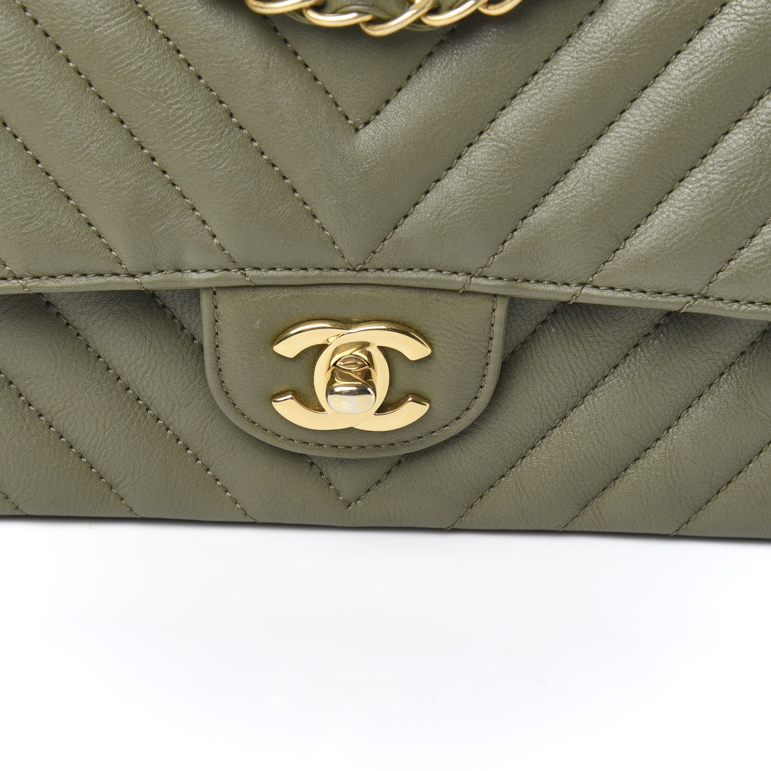 Chanel Calfskin Chevron Quilted Mini Rectangular Flap Khaki 10 of 10