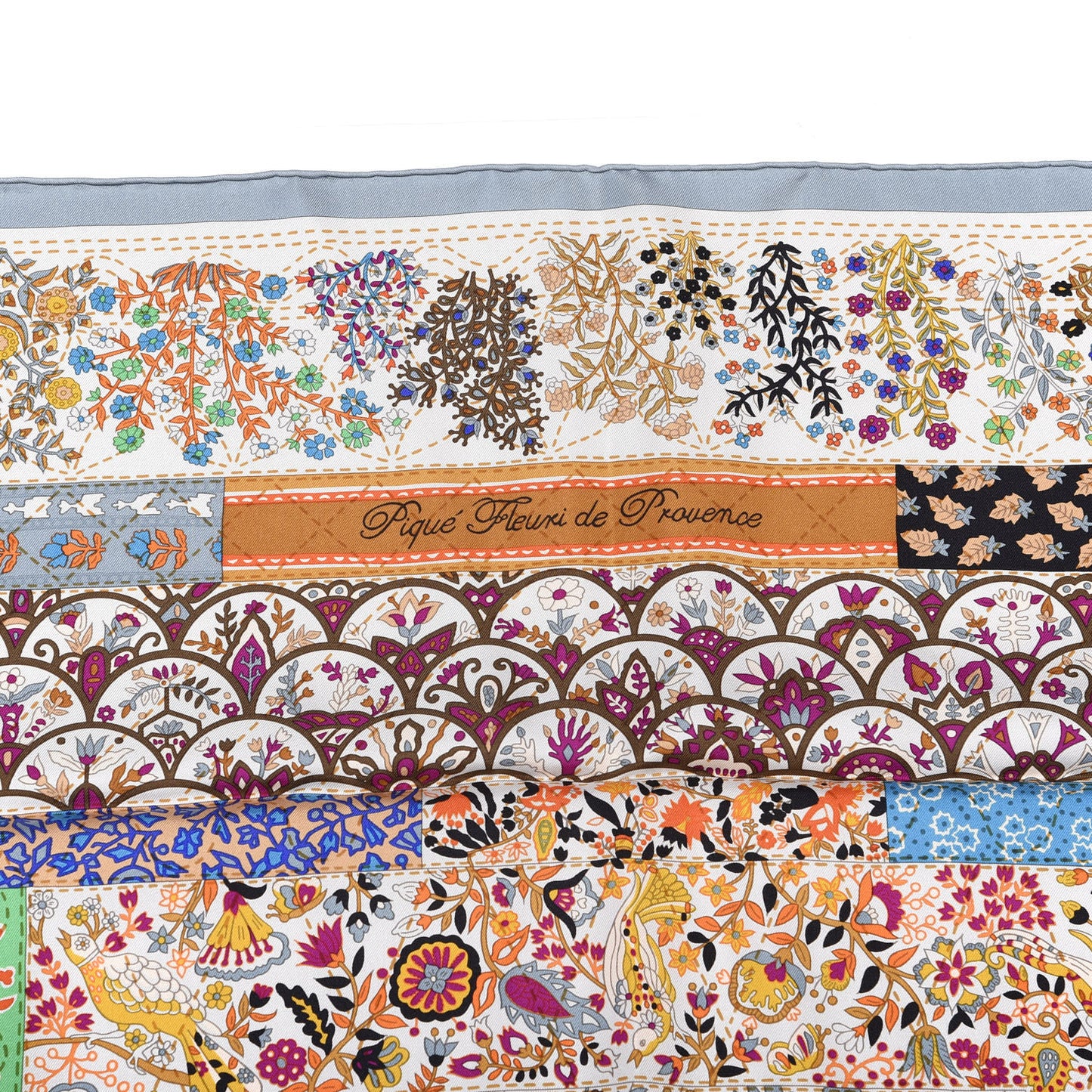 Silk Pique Fleuri de Provence Scarf 90 Gris Bleute Beige Orange