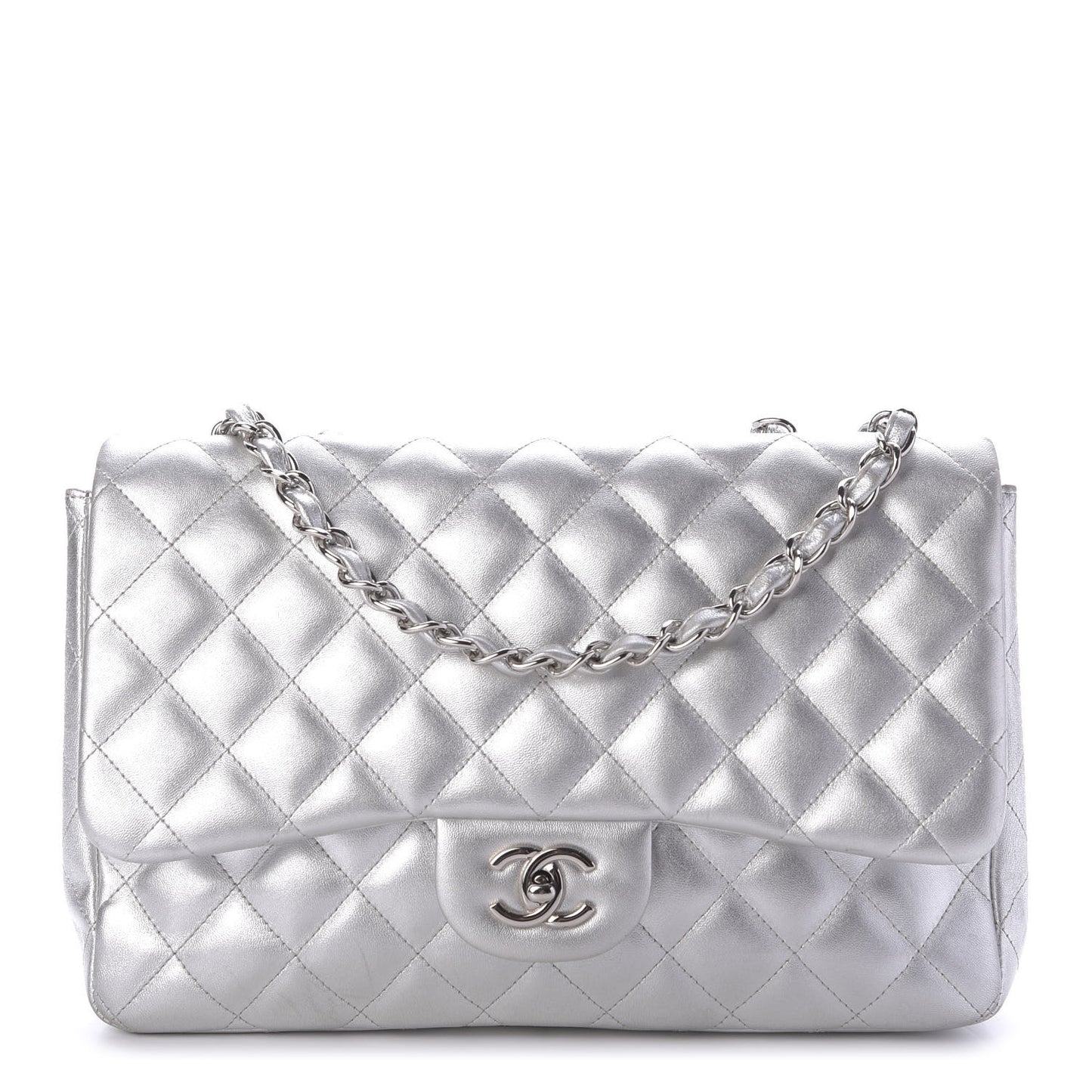 Metallic Lambskin Quilted Jumbo Single Flap Silver