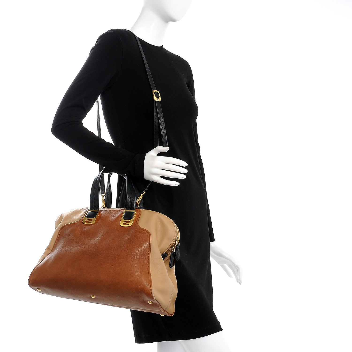 Fendi Calfskin Large Chameleon Tote Cognac Camel Black 2 of 15