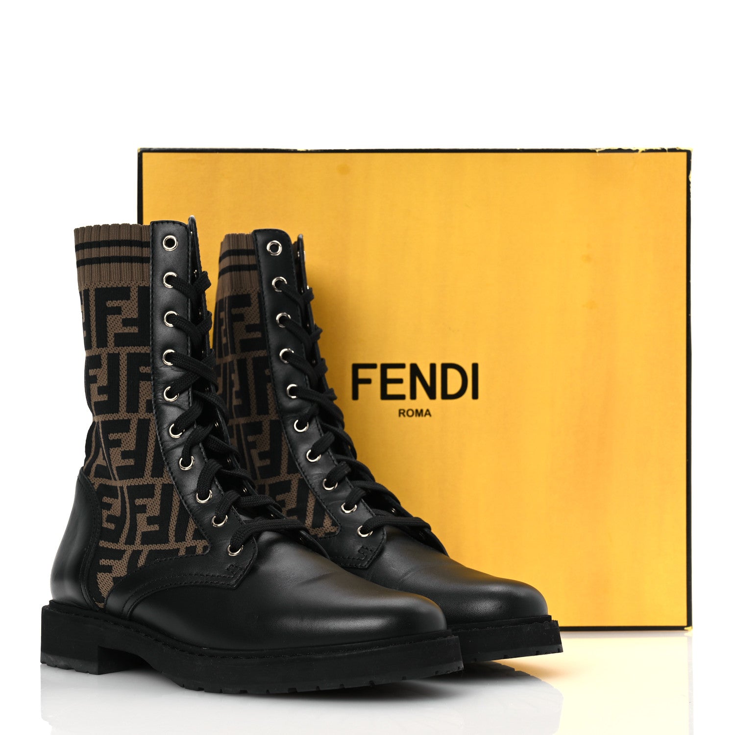 Fendi Calfskin Stretch Fabric FF Rockoko Biker Boots 40 Black Tobacco 14 of 14